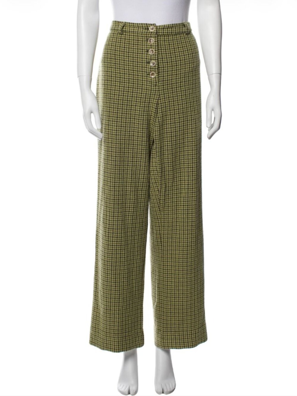 Green Houndstooth Wide Leg Wool Pants